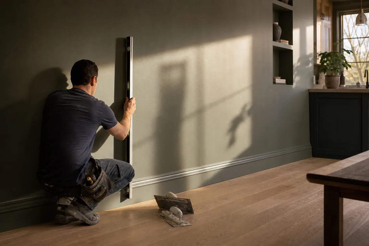 Drywall in Alhambra Ca — a craftsperson checking a hallway wall with low sun raking across the surface