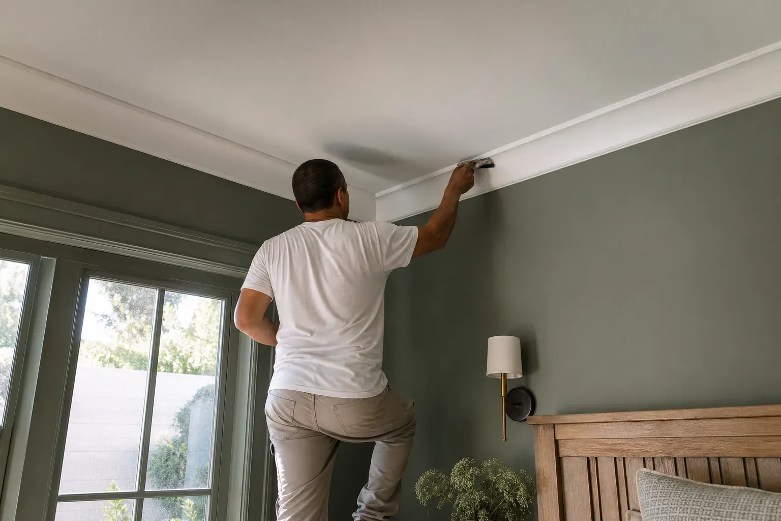 Drywall in Altadena Ca — a tradesperson completing the last section of a smooth bedroom ceiling