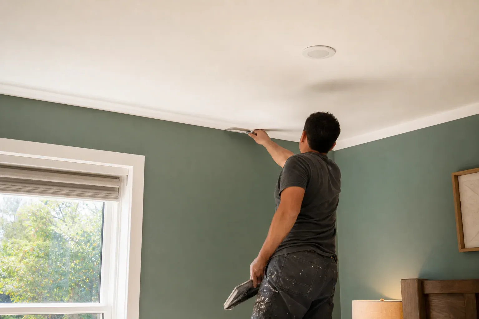 Drywall in Burbank Ca — a tradesperson completing the last section of a smooth bedroom ceiling