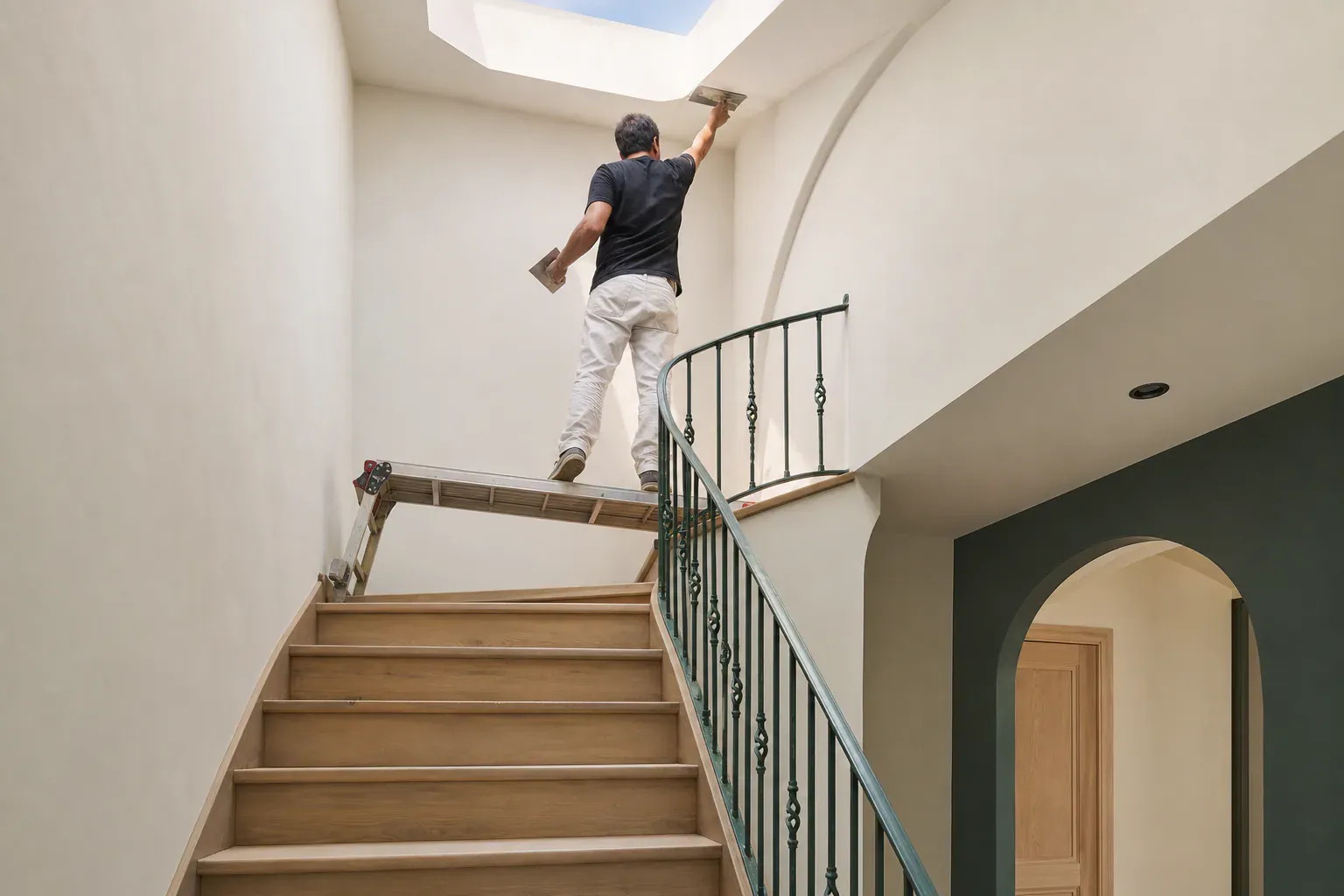 Drywall contractor — a tradesperson finishing the top section of a bright stairwell wall