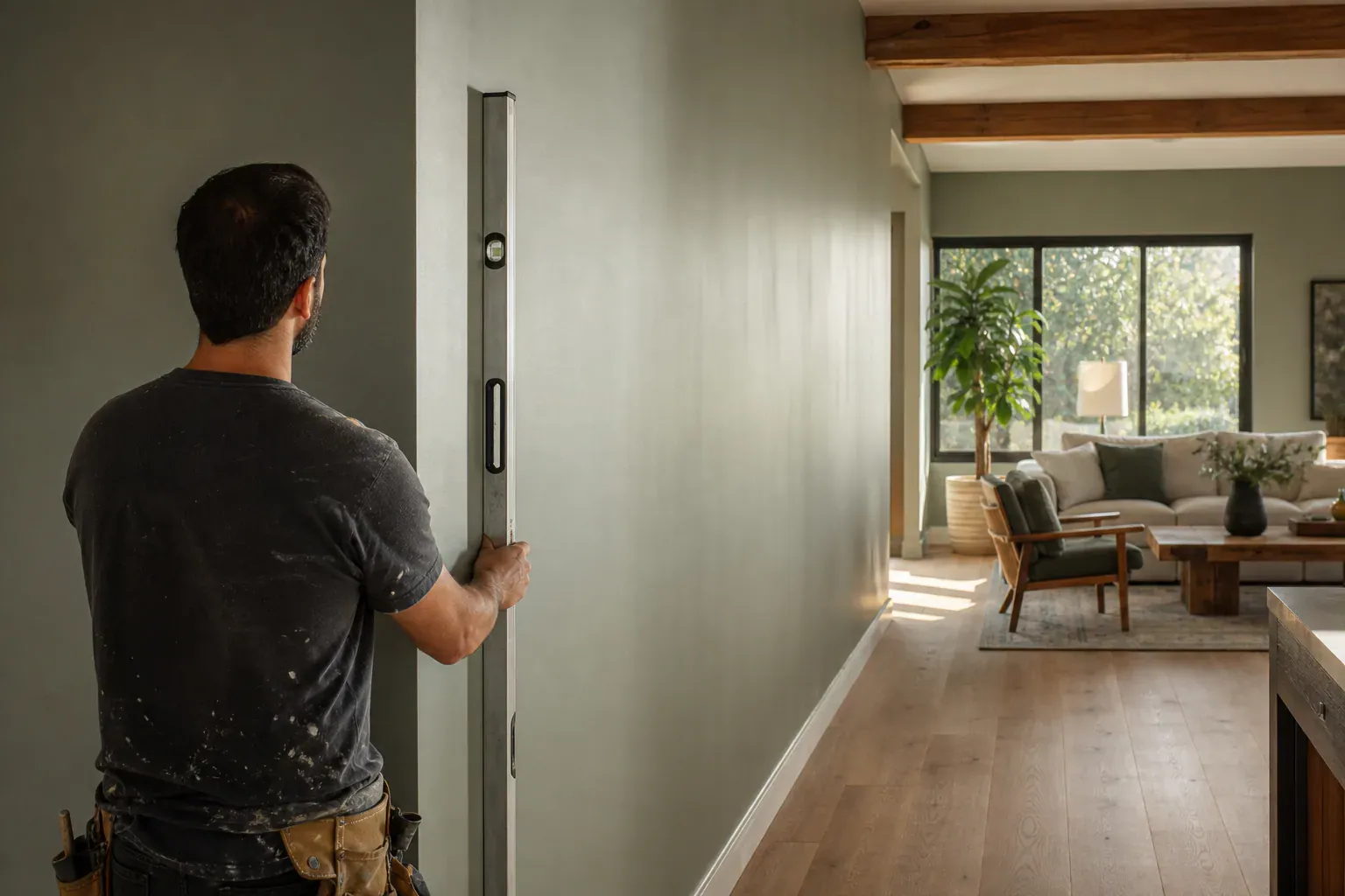Drywall in Downey Ca — a craftsperson sighting down a long finished wall to check it is flat