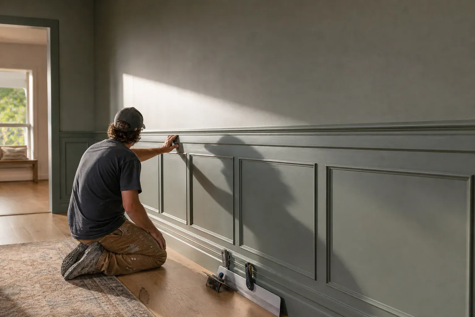 Drywall finishing — a craftsperson checking a hallway wall with low sun raking across the surface