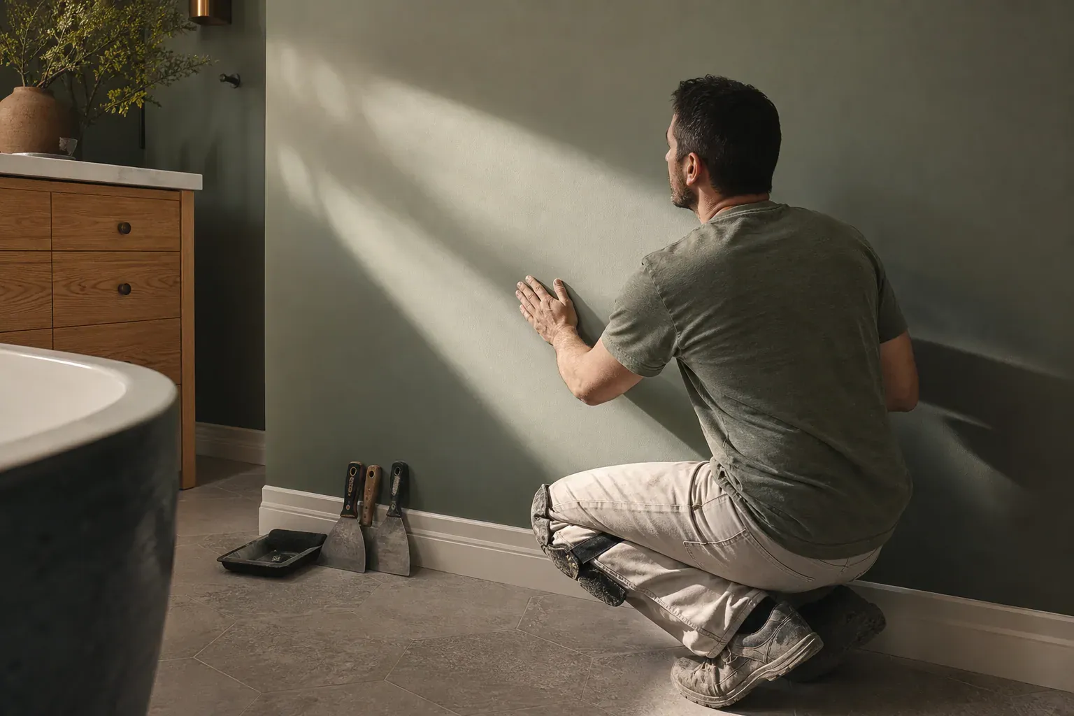 Drywall for bathroom — a craftsperson checking a hallway wall with low sun raking across the surface