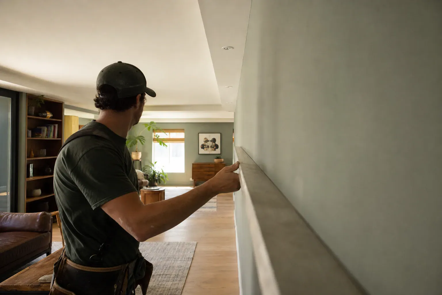 Drywall for ceiling — a craftsperson sighting down a long finished wall to check it is flat