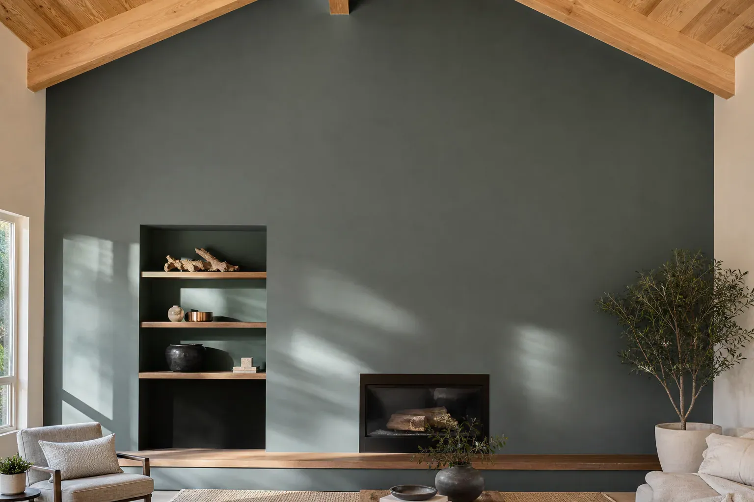 Drywall for garage — a two-person crew finishing a tall feature wall in a sunlit vaulted room
