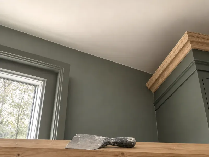 Drywall in Glendale Ca — a clean unbroken ceiling-to-wall join with a taping knife on the platform below