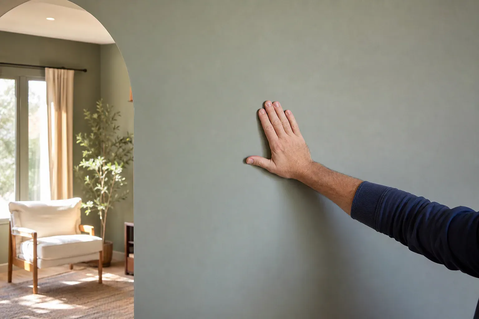 Drywall in Glendale Ca — a hand held flat against a wall section rebuilt and blended into the surrounding surface