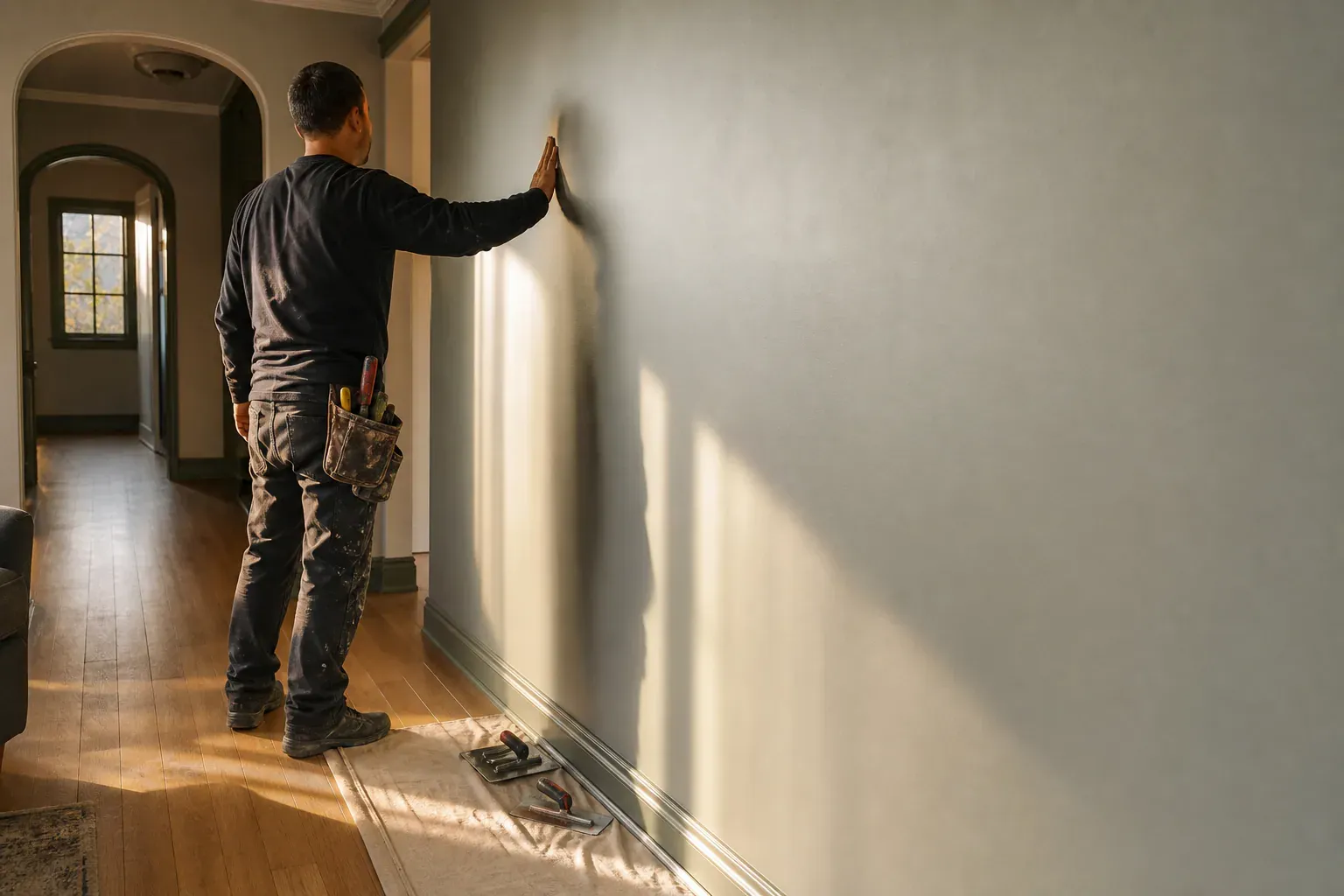 Drywall in Huntington Park Ca — a craftsperson checking a hallway wall with low sun raking across the surface
