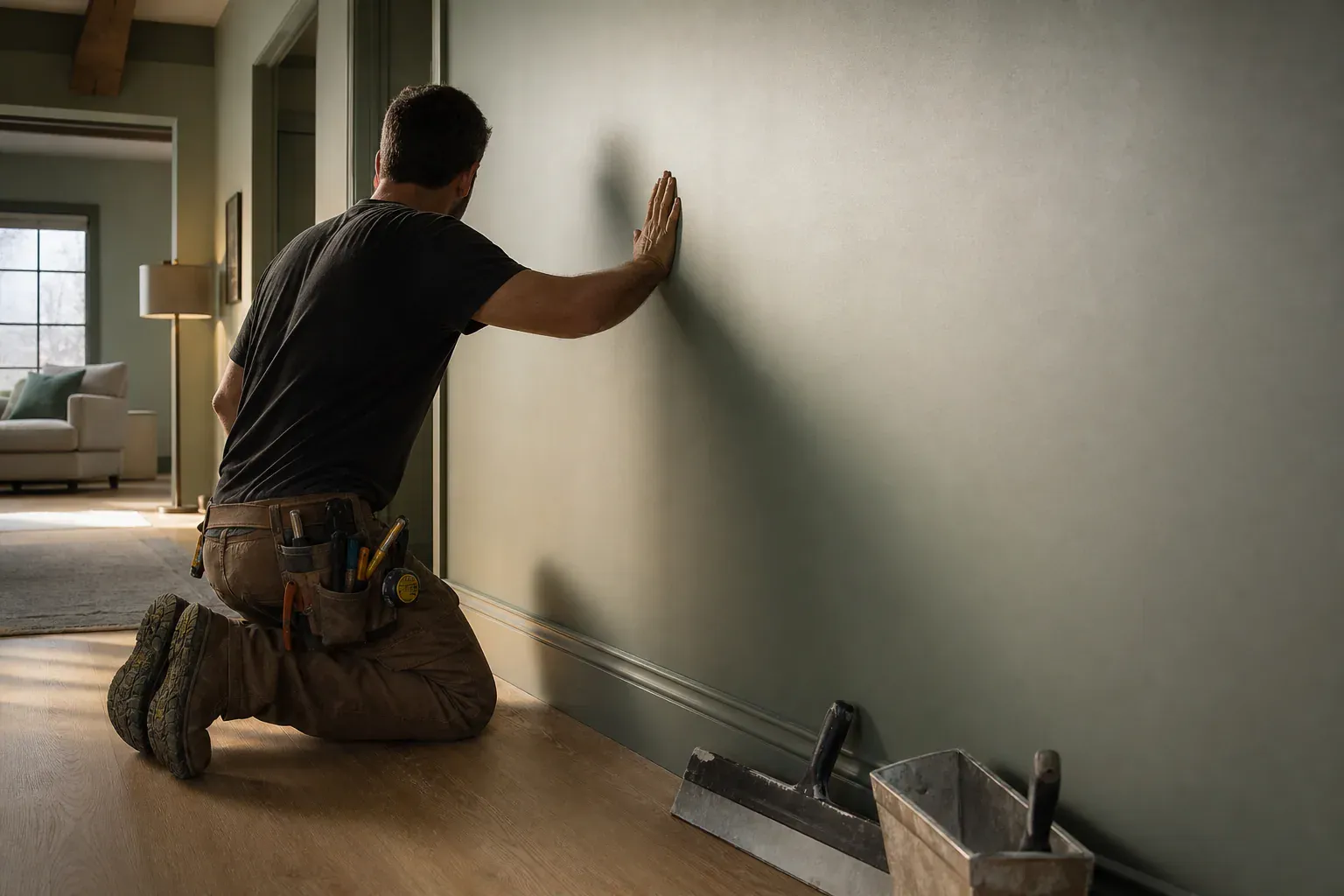 Drywall installation — a craftsperson checking a hallway wall with low sun raking across the surface