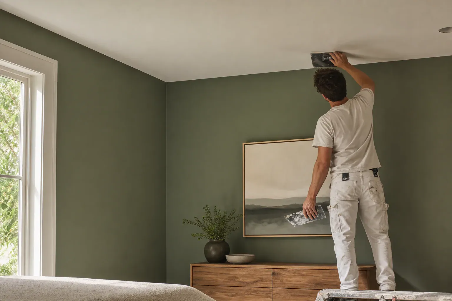 Drywall in Montebello Ca — a tradesperson completing the last section of a smooth bedroom ceiling