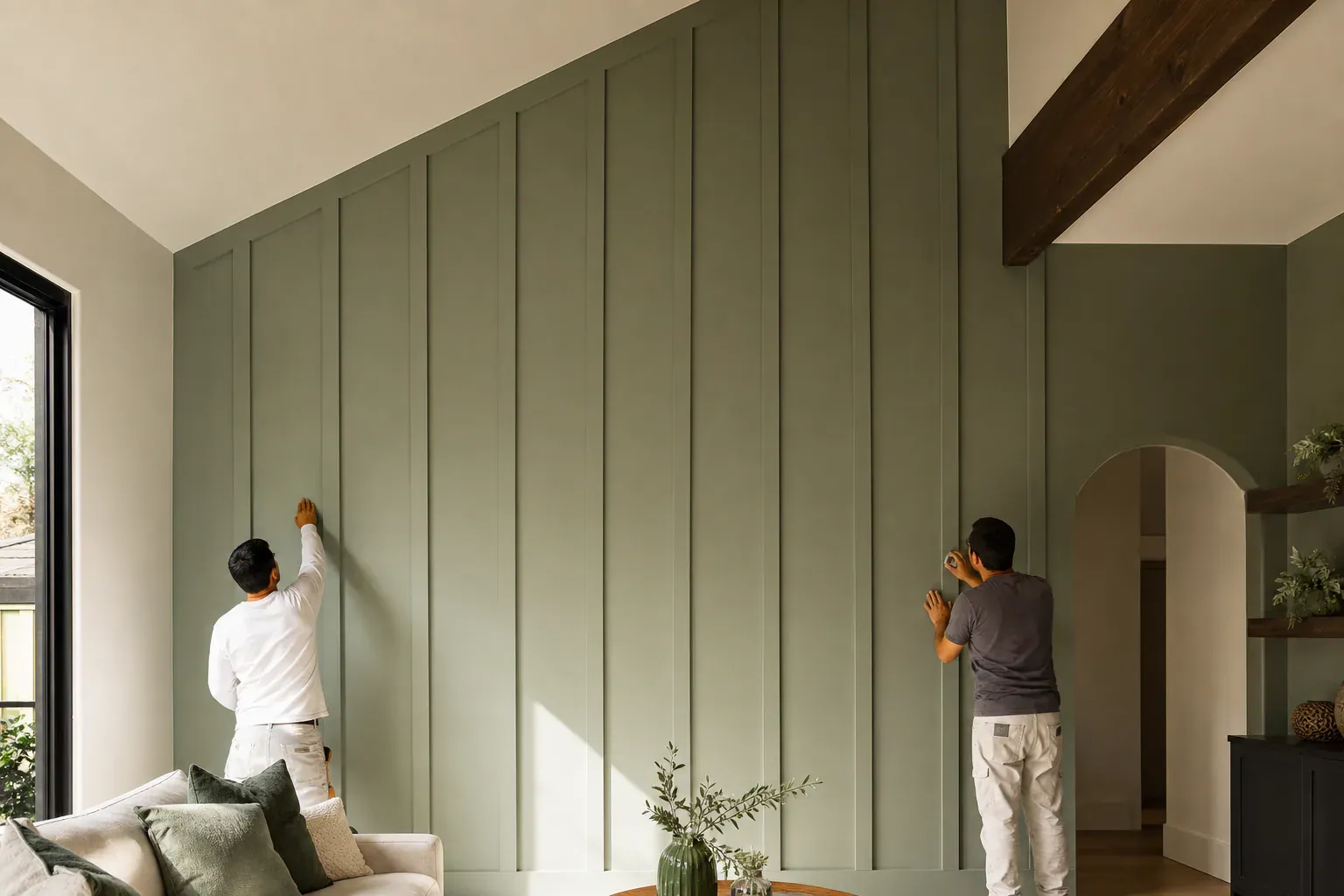 Drywall in Monterey Park Ca — a two-person crew finishing a tall feature wall in a sunlit vaulted room