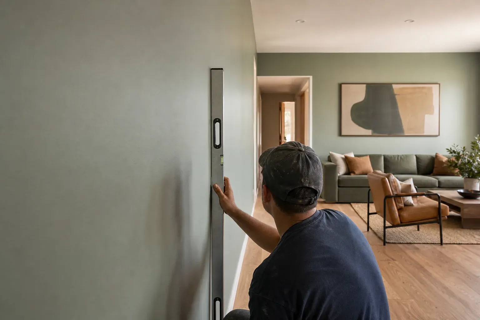 Drywall nail pops — a craftsperson sighting down a long finished wall to check it is flat