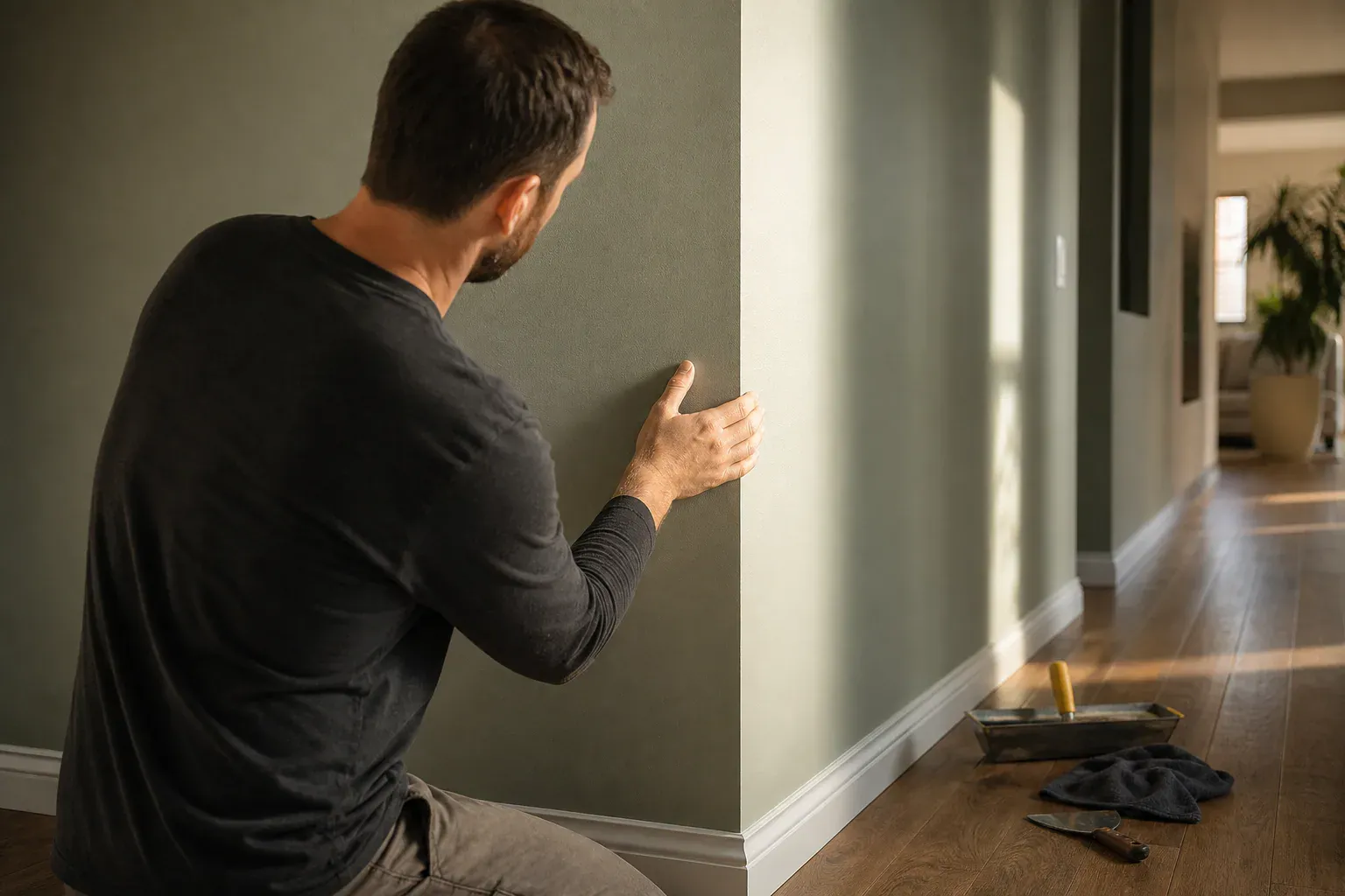 Drywall outside corners — a craftsperson checking a hallway wall with low sun raking across the surface