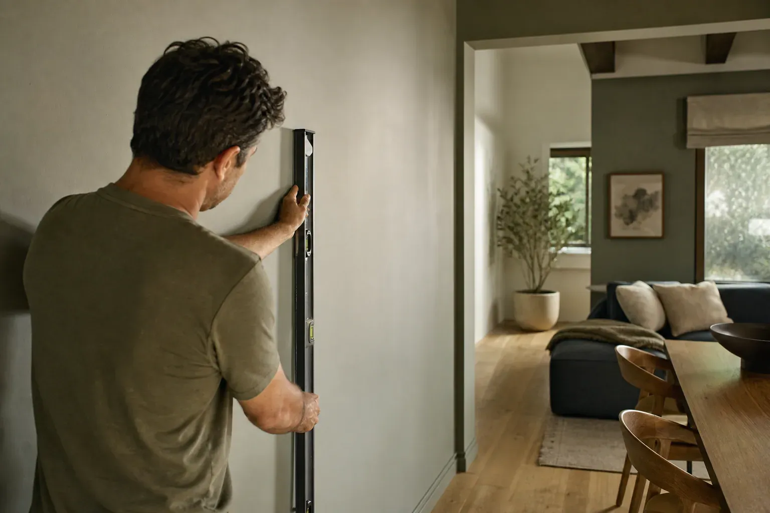 Drywall over plaster — a craftsperson sighting down a long finished wall to check it is flat