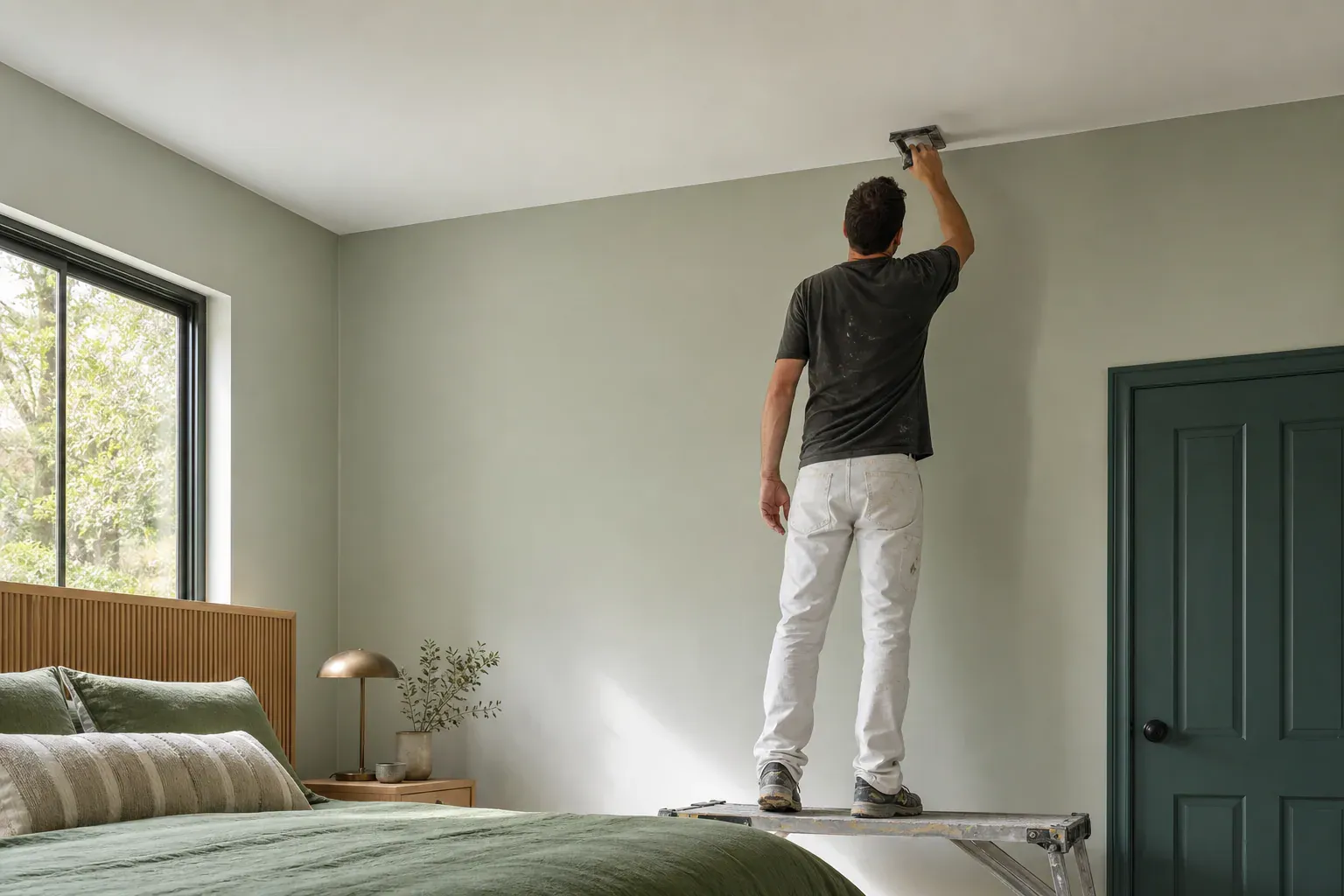 Drywall over popcorn ceiling — a tradesperson completing the last section of a smooth bedroom ceiling