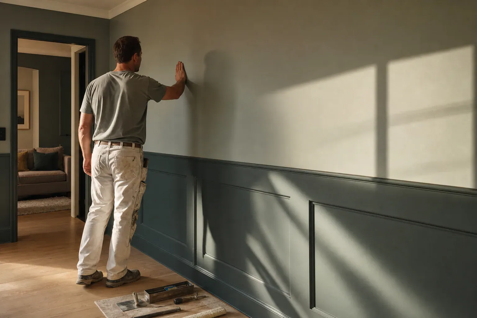 Drywall in Pasadena Ca — a craftsperson checking a hallway wall with low sun raking across the surface