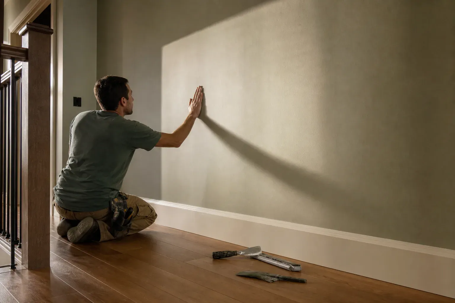 Drywall replacement — a craftsperson checking a hallway wall with low sun raking across the surface