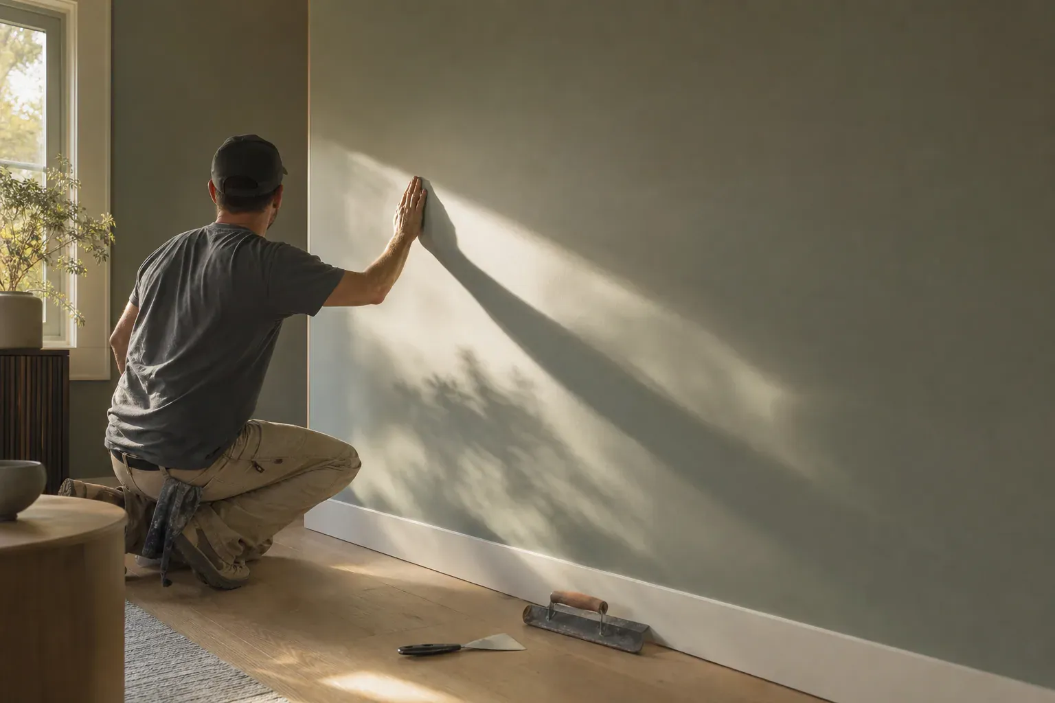 Drywall in Santa Monica Ca — a craftsperson checking a hallway wall with low sun raking across the surface
