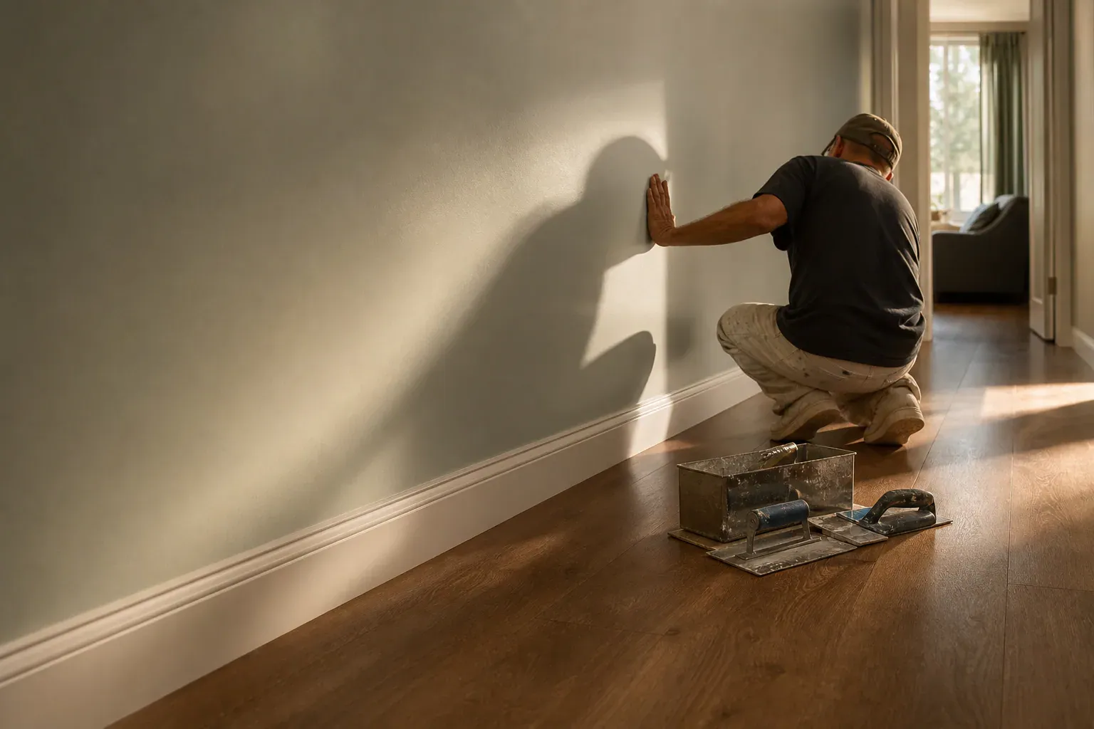 Drywall in South Gate Ca — a craftsperson checking a hallway wall with low sun raking across the surface