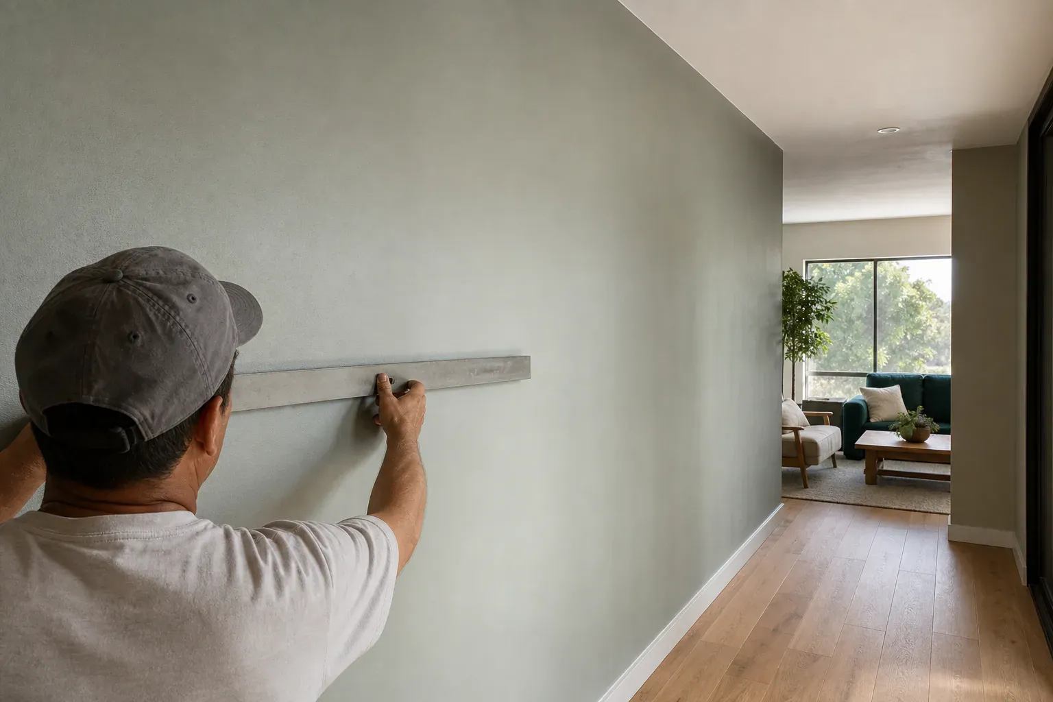 Drywall texture — a craftsperson sighting down a long finished wall to check it is flat