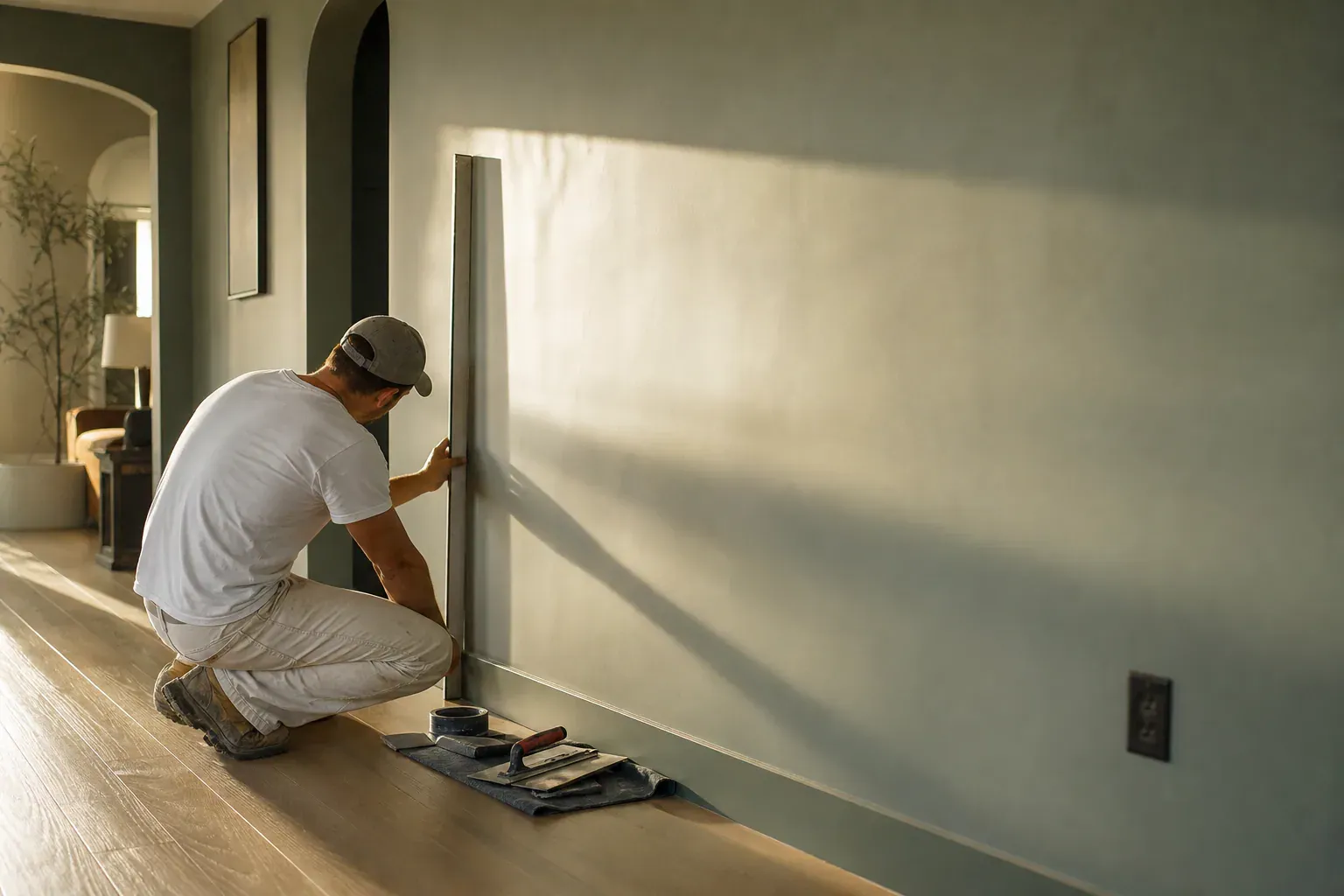 Drywall in Torrance Ca — a craftsperson checking a hallway wall with low sun raking across the surface