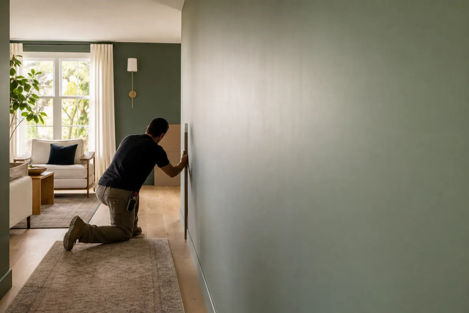 Drywall in Universal City Ca — a craftsperson sighting down a long finished wall to check it is flat