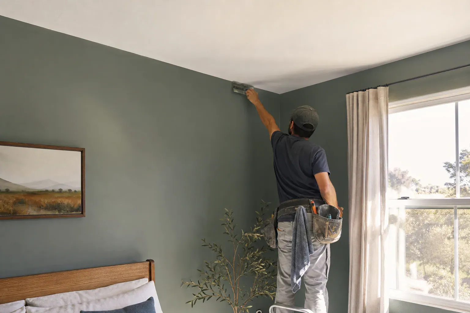 Fire rated drywall installation — a tradesperson completing the last section of a smooth bedroom ceiling