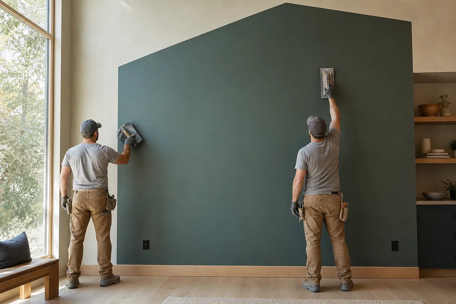 Metal stud framing drywall — a two-person crew finishing a tall feature wall in a sunlit vaulted room