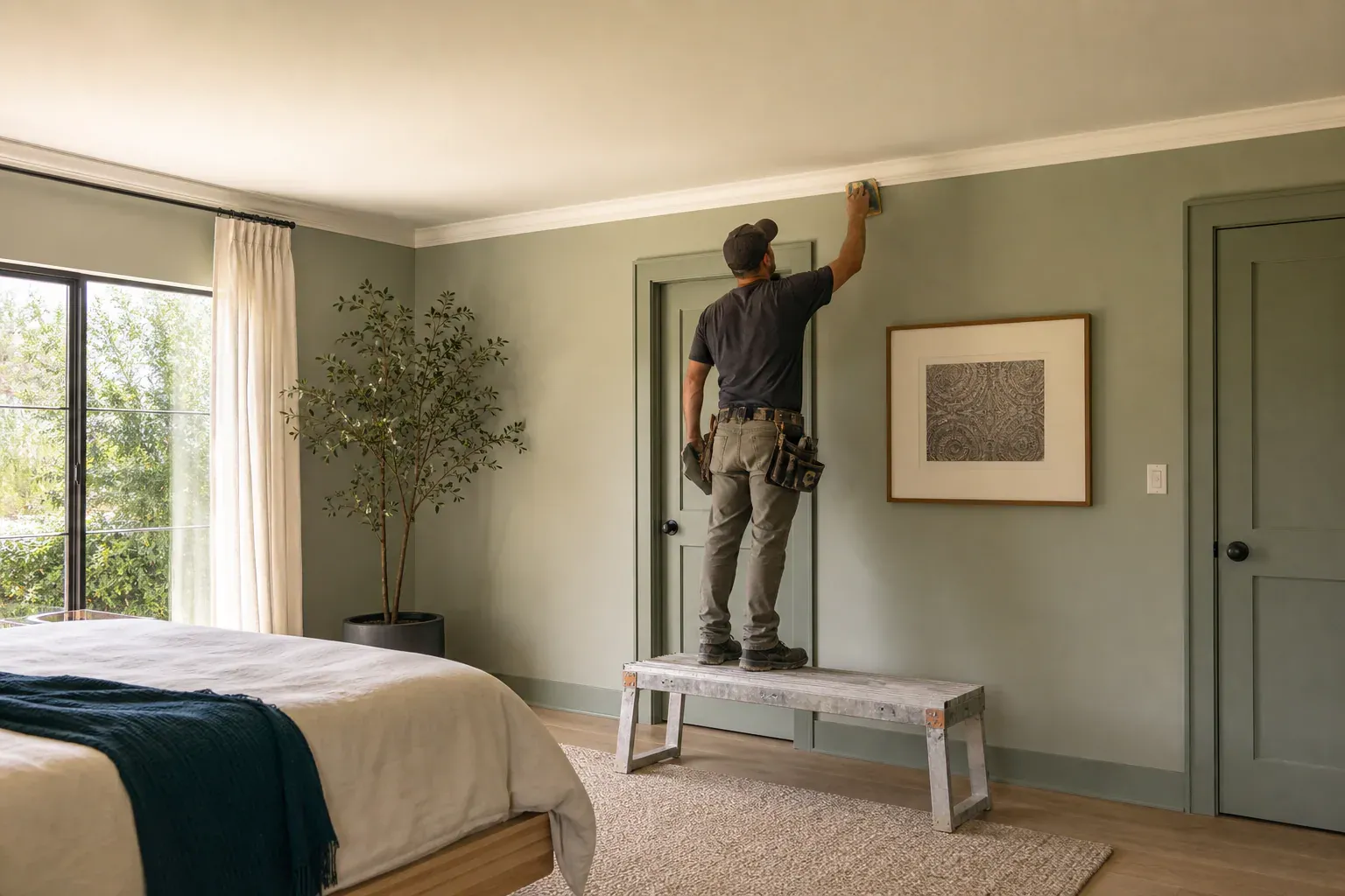 New construction drywall — a tradesperson completing the last section of a smooth bedroom ceiling