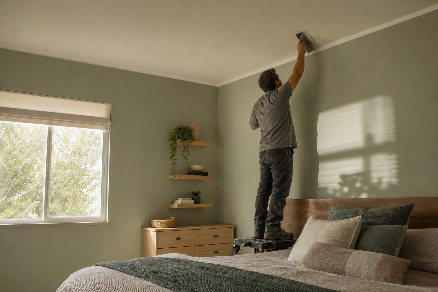 Soundproof drywall installation — a tradesperson completing the last section of a smooth bedroom ceiling