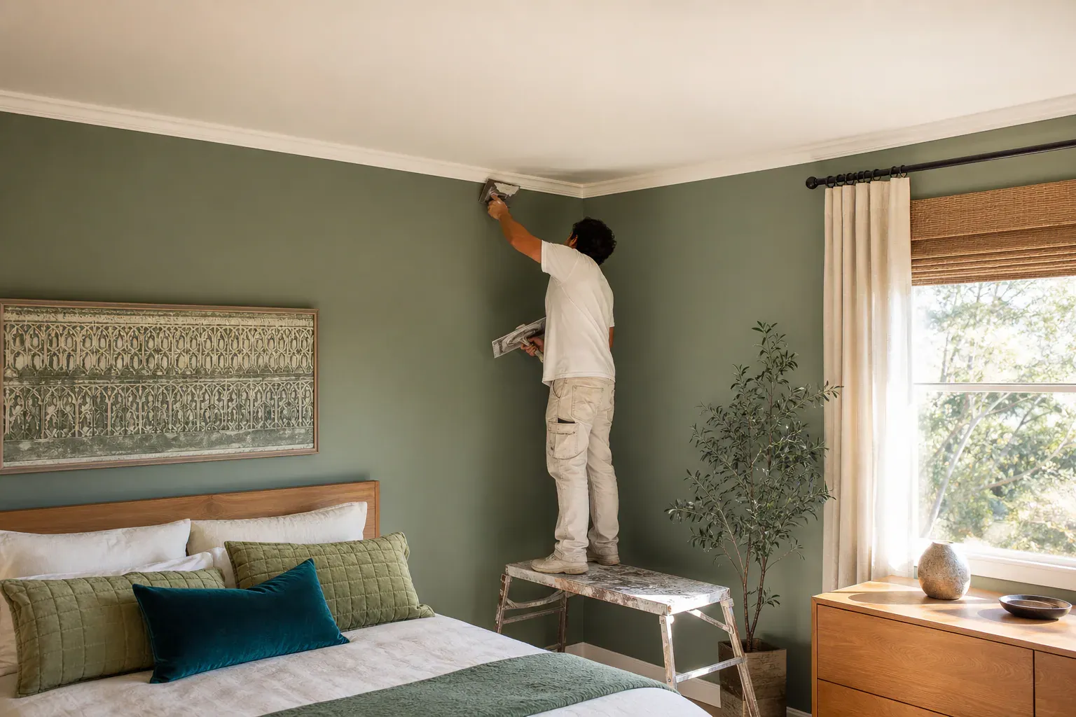 Water damage drywall repair — a tradesperson completing the last section of a smooth bedroom ceiling